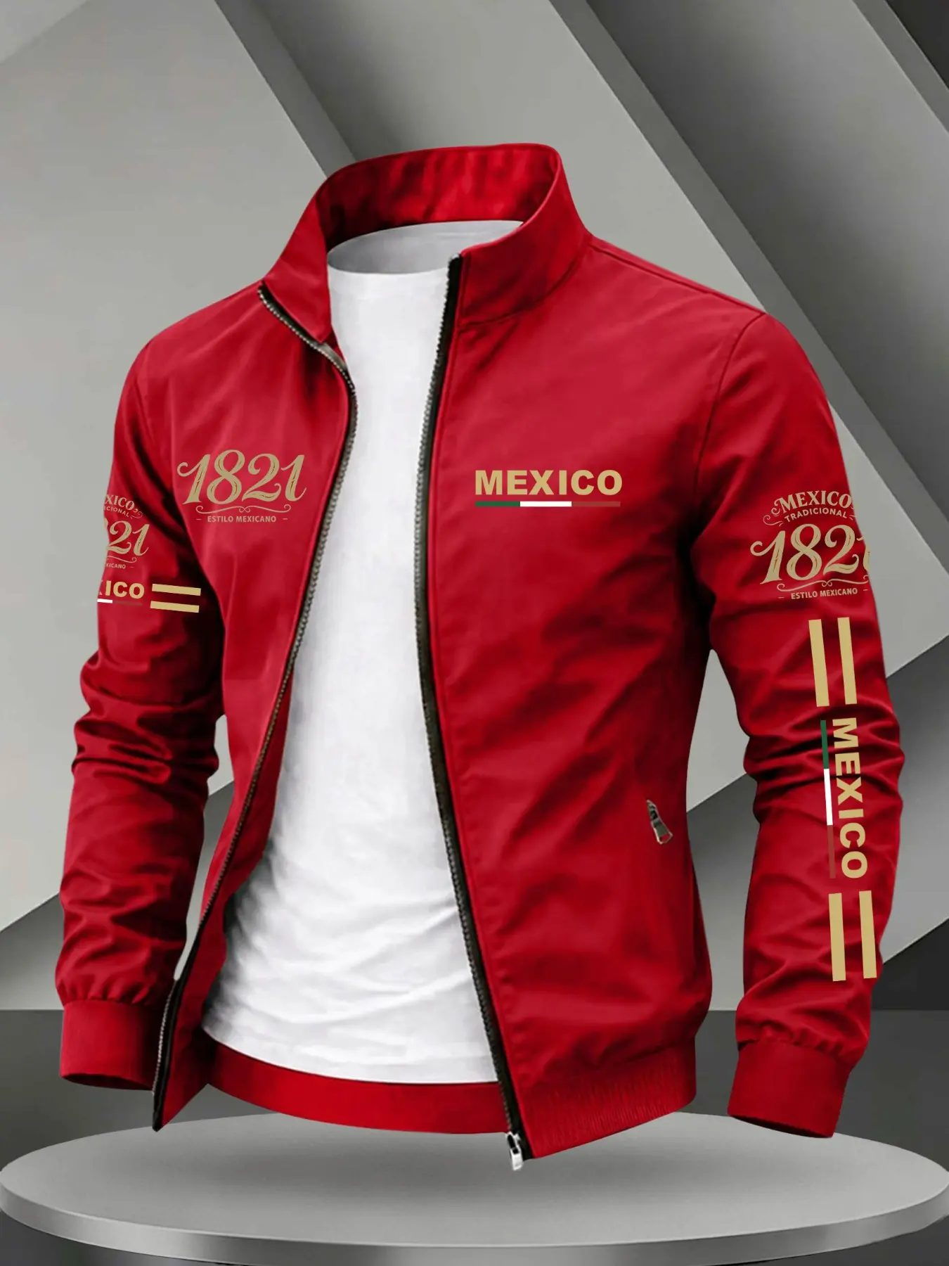 Men Stand Collar Zip Up Soft Knit Bomber Jacket, Mexico 1821 Vintage Letter National Flag Print Casual Coat With Zipper Side Pockets For Driving Travel Daily Street Trendy Outerwear #MensJacket #MexicoPrintCoat #KnitWindbreaker