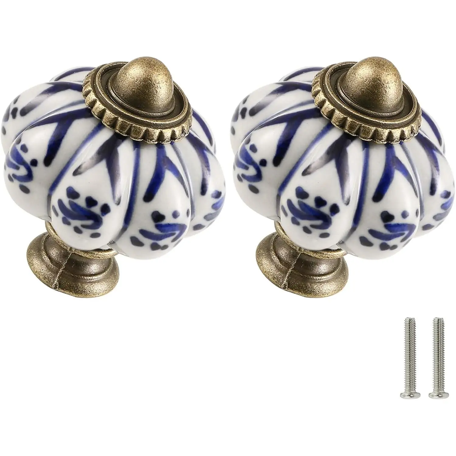 2 Pack Pumpkin Ceramic Cabinet Knobs Vintage Drawer Pulls Antique Dresser Pulls with Screws Deep Blue Flower Decorative Furniture Knobs