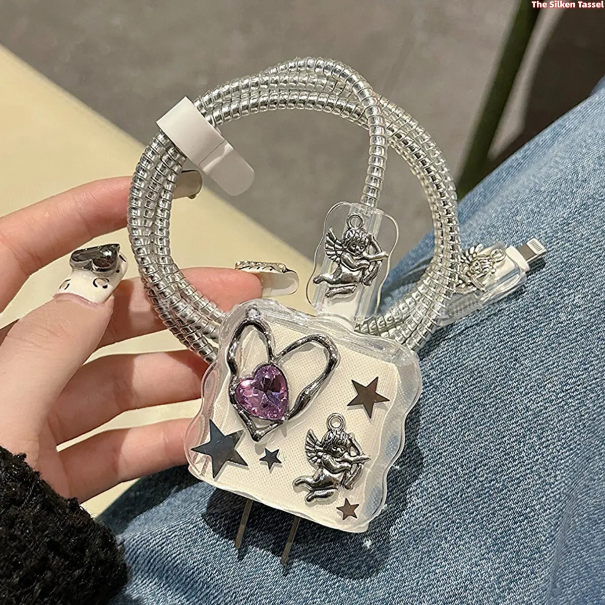 5 In 1 Pink Rhinestone Heart Angel Star Charger Cable Protector Set, Clear Glitter Transparent Charging Block Cover Fit 18W 20W Apple Fast Charger, Anti Break Spiral Cord Sleeve Decorative Wire Saver Accessory for iPhone 13 14 15 16 Series, Charger Not In