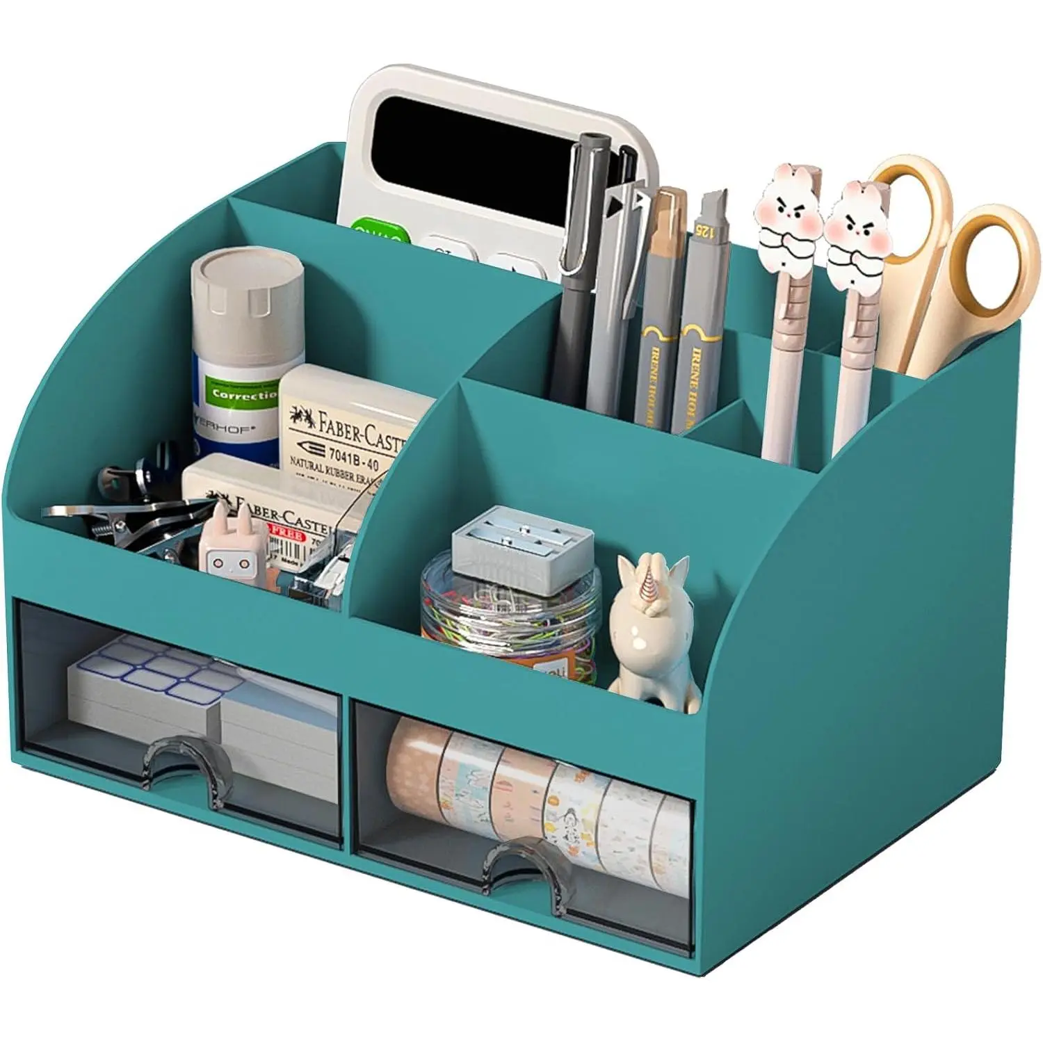 Desk Organizer with 6 Compartments and 2 Drawers, Plastic Makeup Organizer, Pen Holder for Desktop Storage, Desk Organization for School, , Office Supplies (Dark Green)