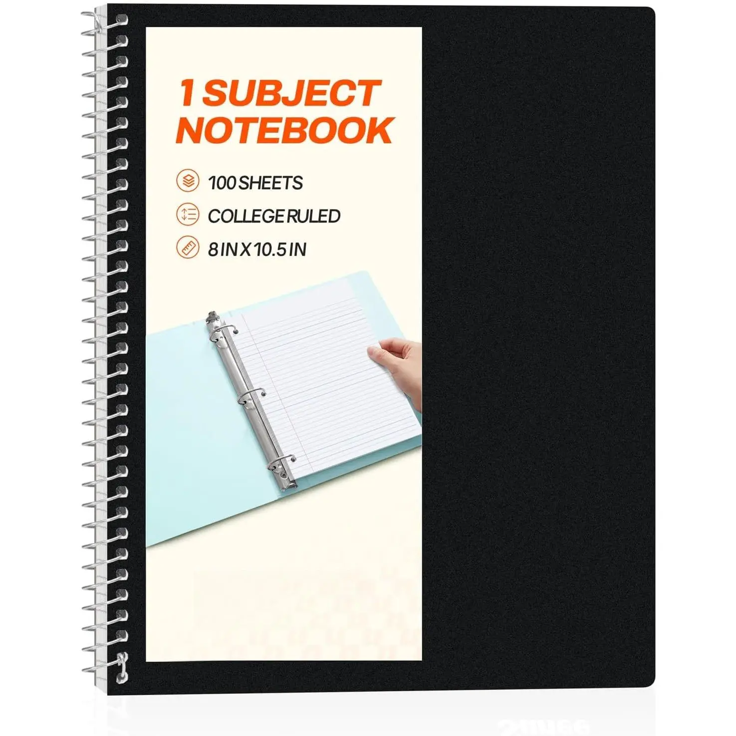 Spiral Notebook, 1-Subject, College Ruled Paper, 8" x 10-1/2", 100 Sheets per Notebook, 3-Hole Punched Paper, Water Resistant Cover, Double-sided Pockets, Spiral Lined Notebooks for Work, Black