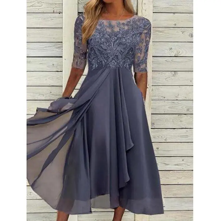 Chiffon Patchwork Lace Hollow Long Dress Bridesmaid Evening Gown Women's Wedding Dress Shopping Womenswear Red