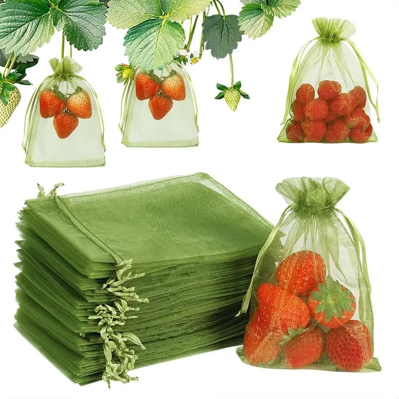 100pcs Fruit Protection Bags, Strawberry Netting Cover, Drawstring Mesh Bags, Pest Barrier for Blueberry Small Fruit