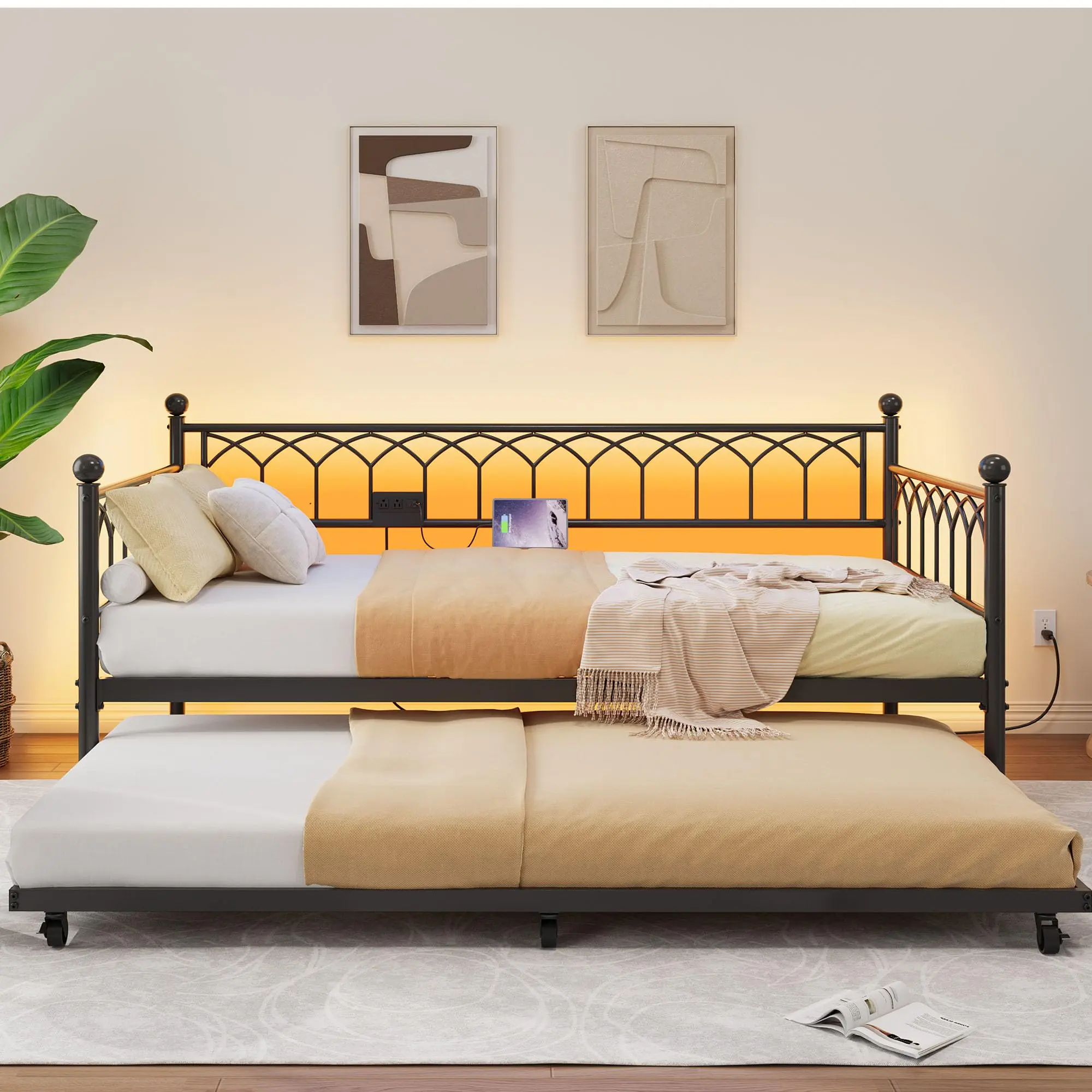 Twin Daybed with Trundle, Day Bed with Charging Station & LED Lights, Metal Sofa Bed Frame with Pull Out Trundle for Living Room, Bedroom, Apartment and Small Spaces, Black