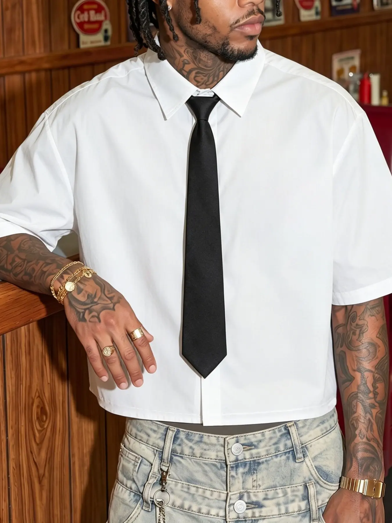 Men's Summer College Style Casual Button Collared Short Sleeve Shirt with Tie, Oversized Loose-Fit Top, Casual Wear for Campus & Commute