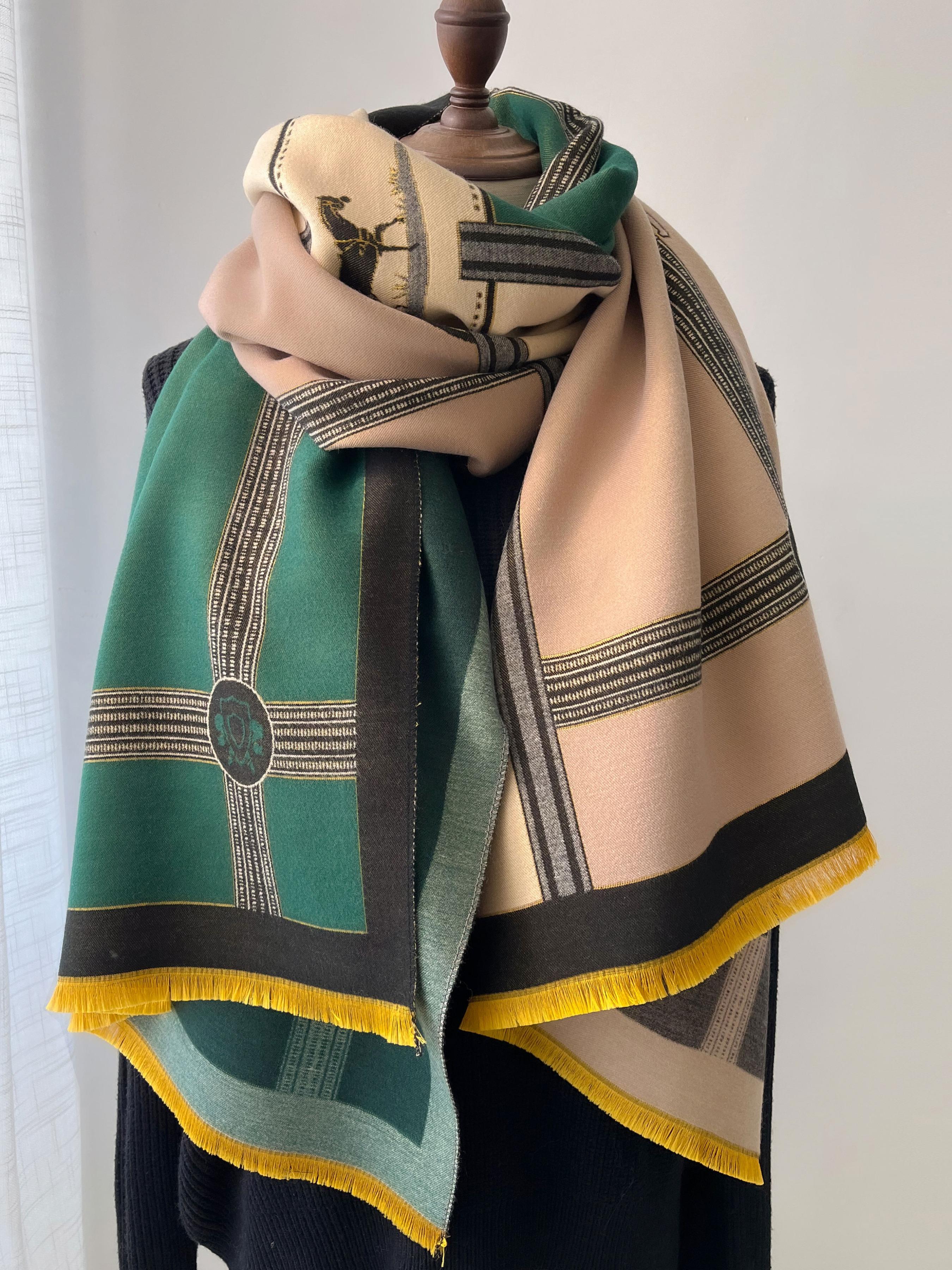 Boho-Style Horse-Pattern Scarf with Fringe-Trim, Casual Soft Warm Shawl for Fall and Winter, Fashion Accessory for Women & Girls