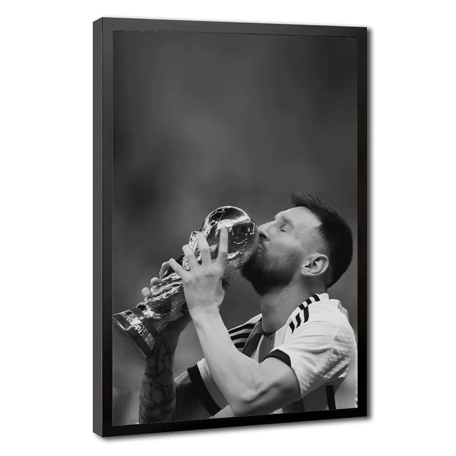 Lionel Messi Kissing Trophy Framed Premium Canvas Wall Art Print, Minimalist Hanging Acrylic Plexi Glass Black Frame Decor, Collectible Bedroom Home Decoration
