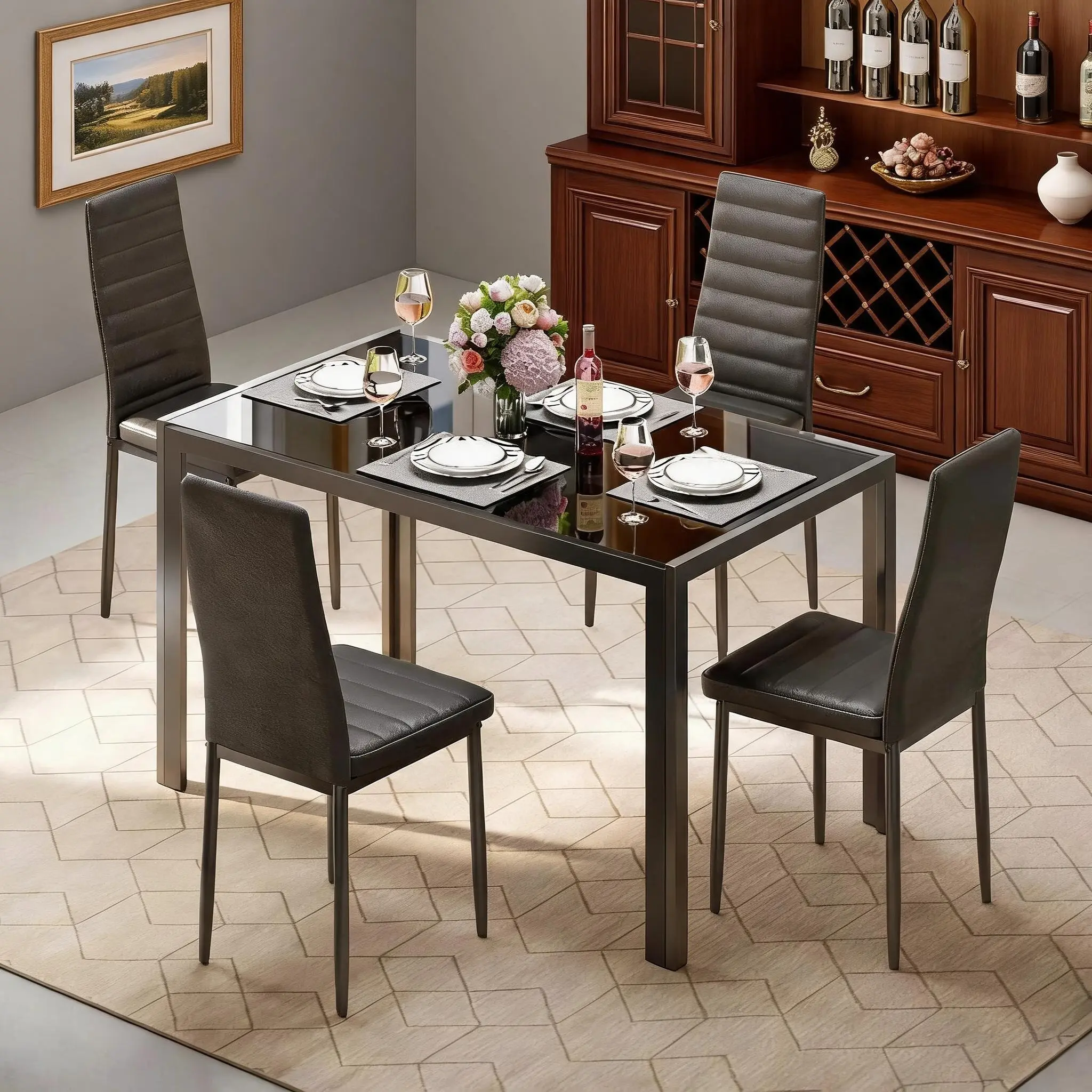 Black Rectangular Glass Top Dining Table Set - 4-Seat/6-Seater Options with Solid High-Back PU Leather Chairs, Easy-Clean MDF Furniture, Full Spine Support, 3 Chair Colors for Daily Household Dining Rooms