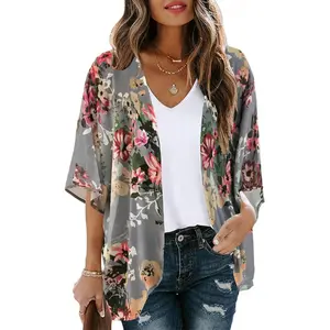 Women's Floral Print Puff Sleeve Kimono Cardigan Loose Shirt Casual Top 2026