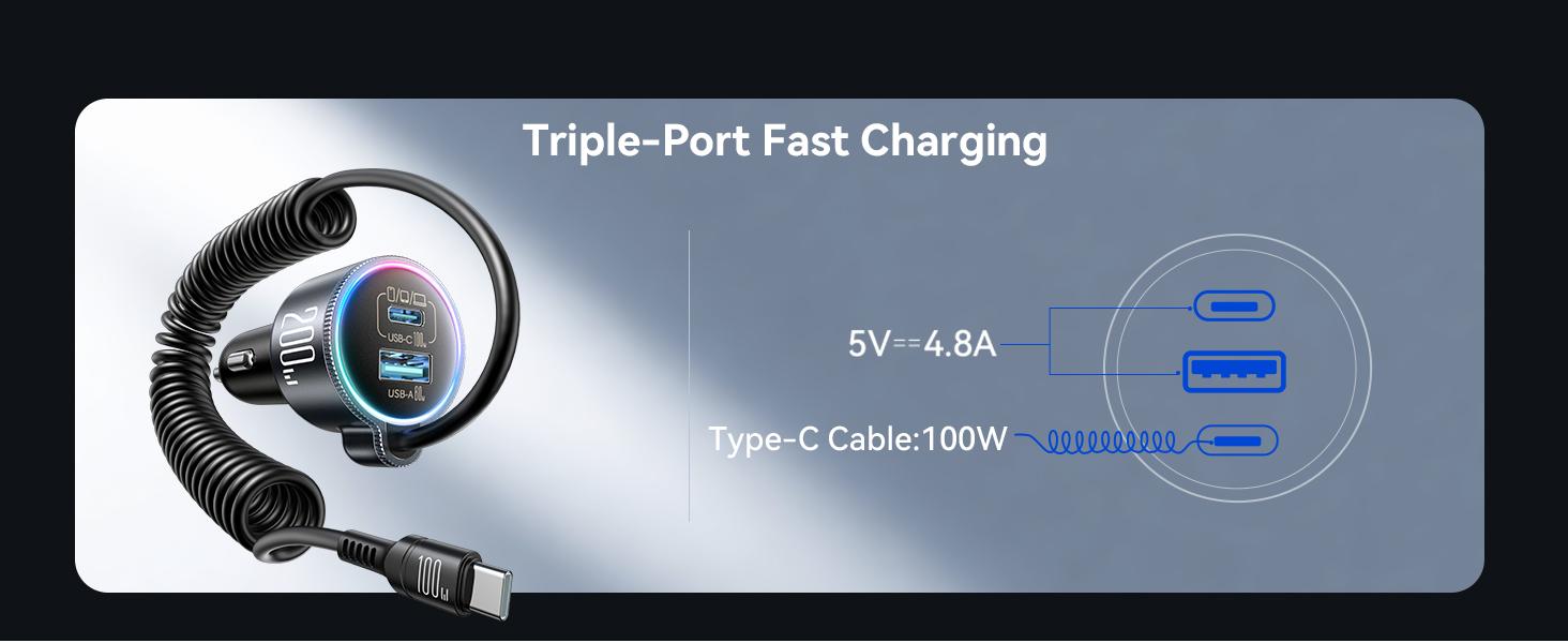 200W Car Charger USB C, PD100W Fast Charge w/100W Type C Fast Charging 5FT Coiled Cable, PD3.0/QC4.0/PPS Cigarette Lighter Phone Adapter for iPhone 17/16 ProMax, MacBook Pro/Air, Samsung S26/S25, iPad