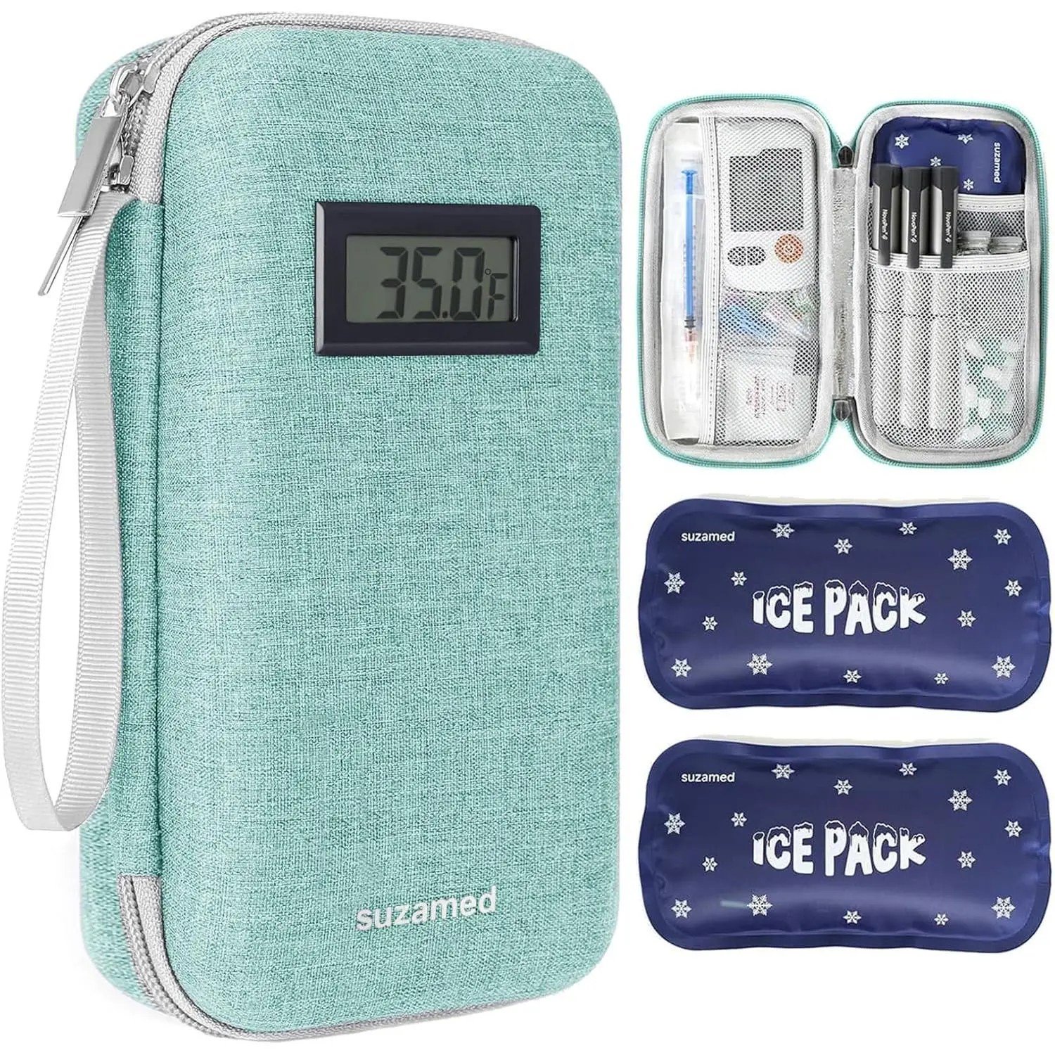 Insulin Cooler Travel Case,EVA Insulation Travel Medicine Kit with Temperature Display for Diabetes Care,Insulin Pen and Other Diabetic Supplies (Green-Temp), Travel Organization Pouch, Zipper Pouches