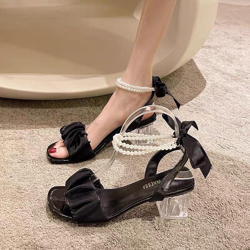 French Evening Breeze Niche Pearl High Heeled Sandals for Women Summer Mid Heel Fairy Style Super Popular Fashionable