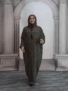 Middle East Fall Winter Hooded Kaftan Drawstring Plus Size Fashion Floral Dress, Loose Fit Long Lantern Sleeves, Modest Casual Wear
