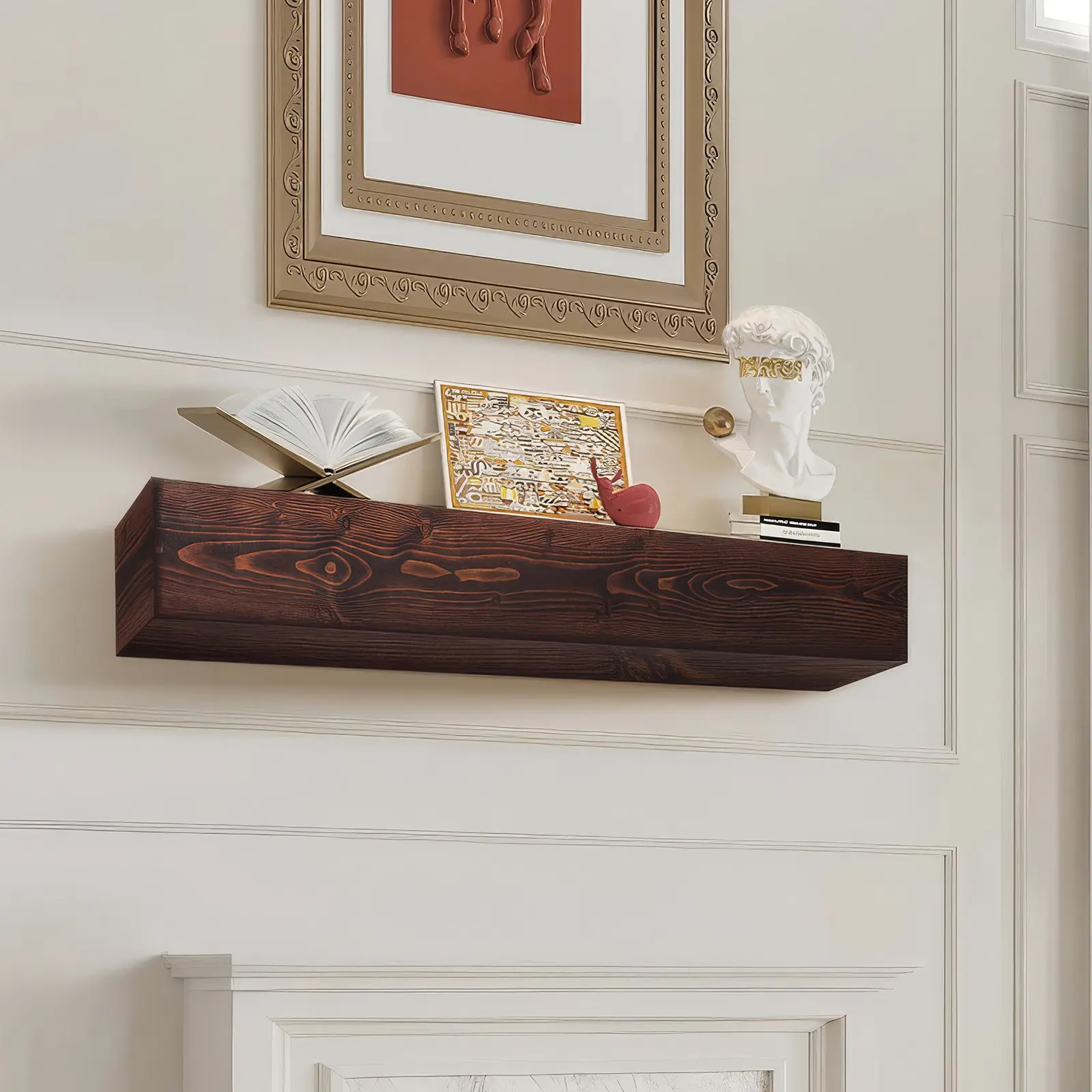 Fireplace Mantel, 60" x 8"x 6", 50 lbs Weight Capacity, Natural Wood Mantel for Over Fireplace, Wall Mounted Floating Farmhouse Shelf, Handcrafted Fireplace Mantel for Wall Decor, Rustic Brown