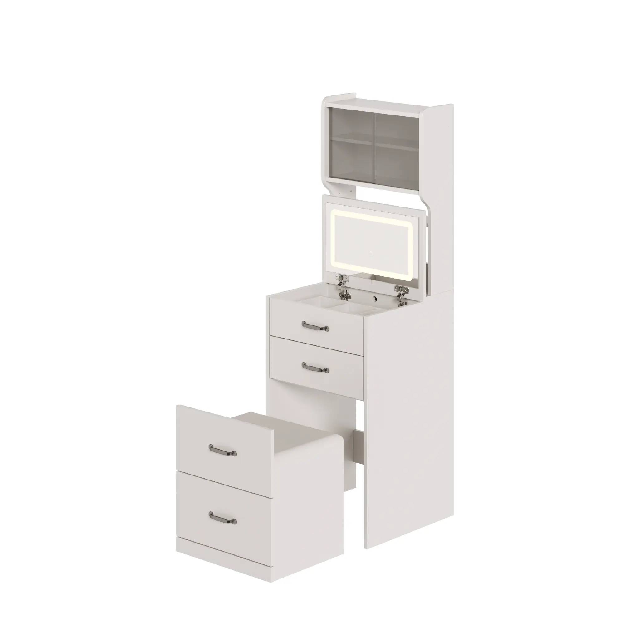 Modern 3-in-1 Vanity Desk with Flip-Top Mirror, Bright Adjustable LED Lights, 3 Drawers, Cabinet, Jewelry Box, Hidden Chair, Storage Stool - Organized Solution for Bedroom, Dorms Vanity & Makeup Needs