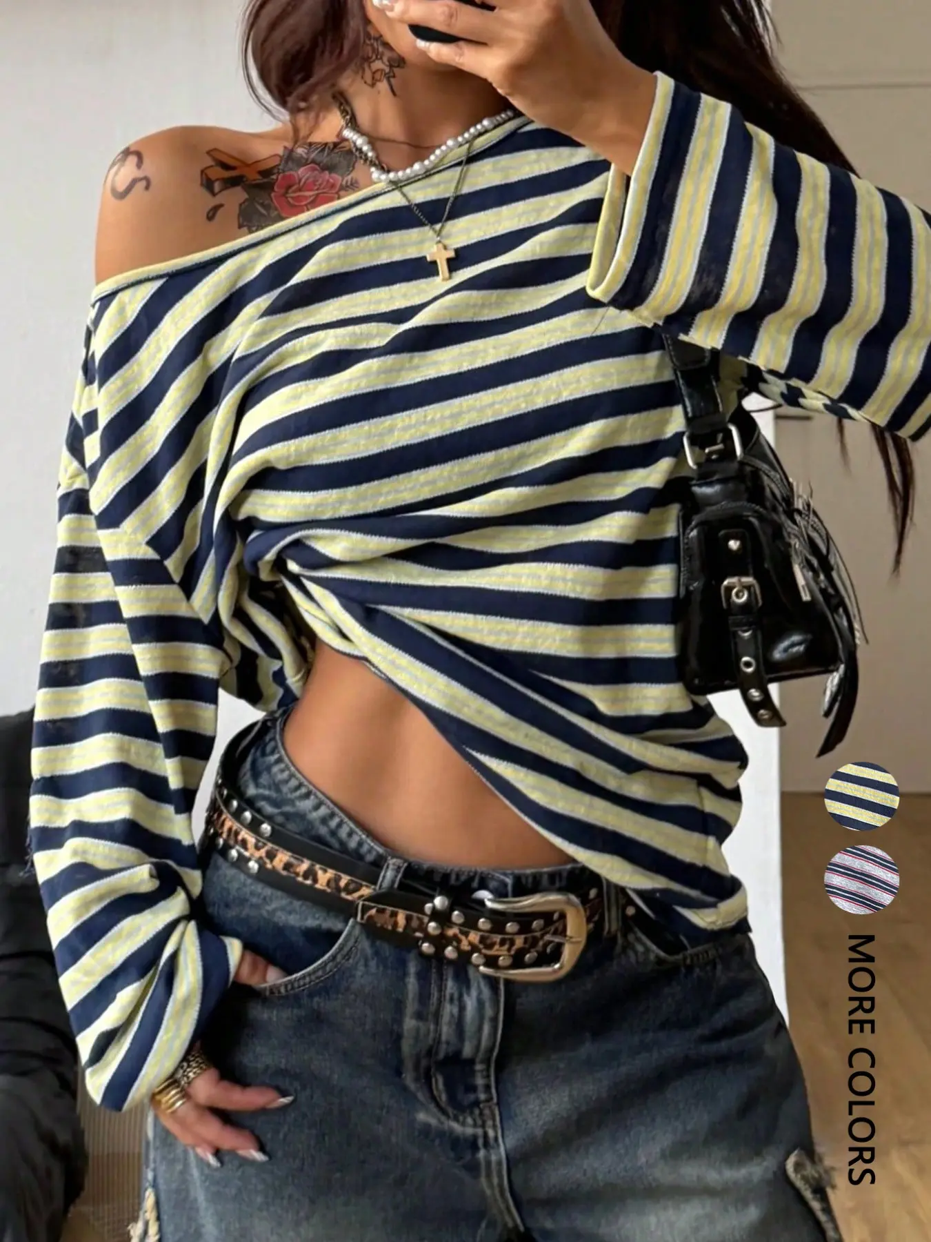 Women's Striped Oversized T-Shirt, Loose Fit Asymmetrical Shoulder Long Sleeve Top, Fashion Casual Y2K Teen Girl T-Shirt, Versatile Everyday Wear