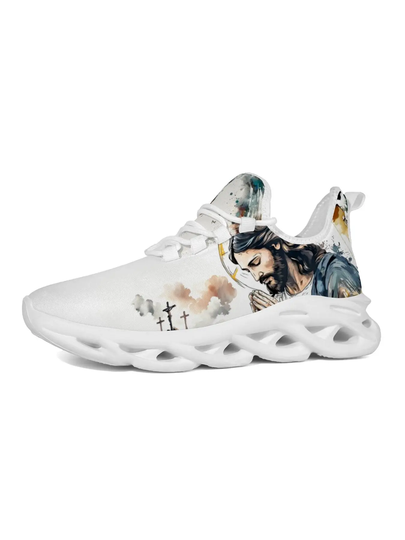 Exclusive Unique Watercolor Praying Jesus Cross Cloud Print Sneakers Wave Blade Cushion Sole Breathable Non Slip Outdoor Running Faith Trainers Unisex Street Footwear Casual