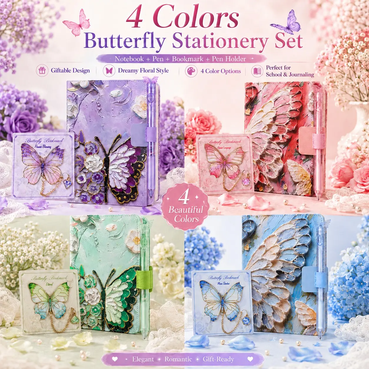 1 Set 4pcs Butterfly Floral Notebook Set, Romantic Aesthetic Journal with Foil Bookmark, Butterfly Gel Pen & Self-Adhesive Pen Holder, Cute Stationery Gift Journaling Kits for School Office Writing Planning Diary Use Note Taking Notebook