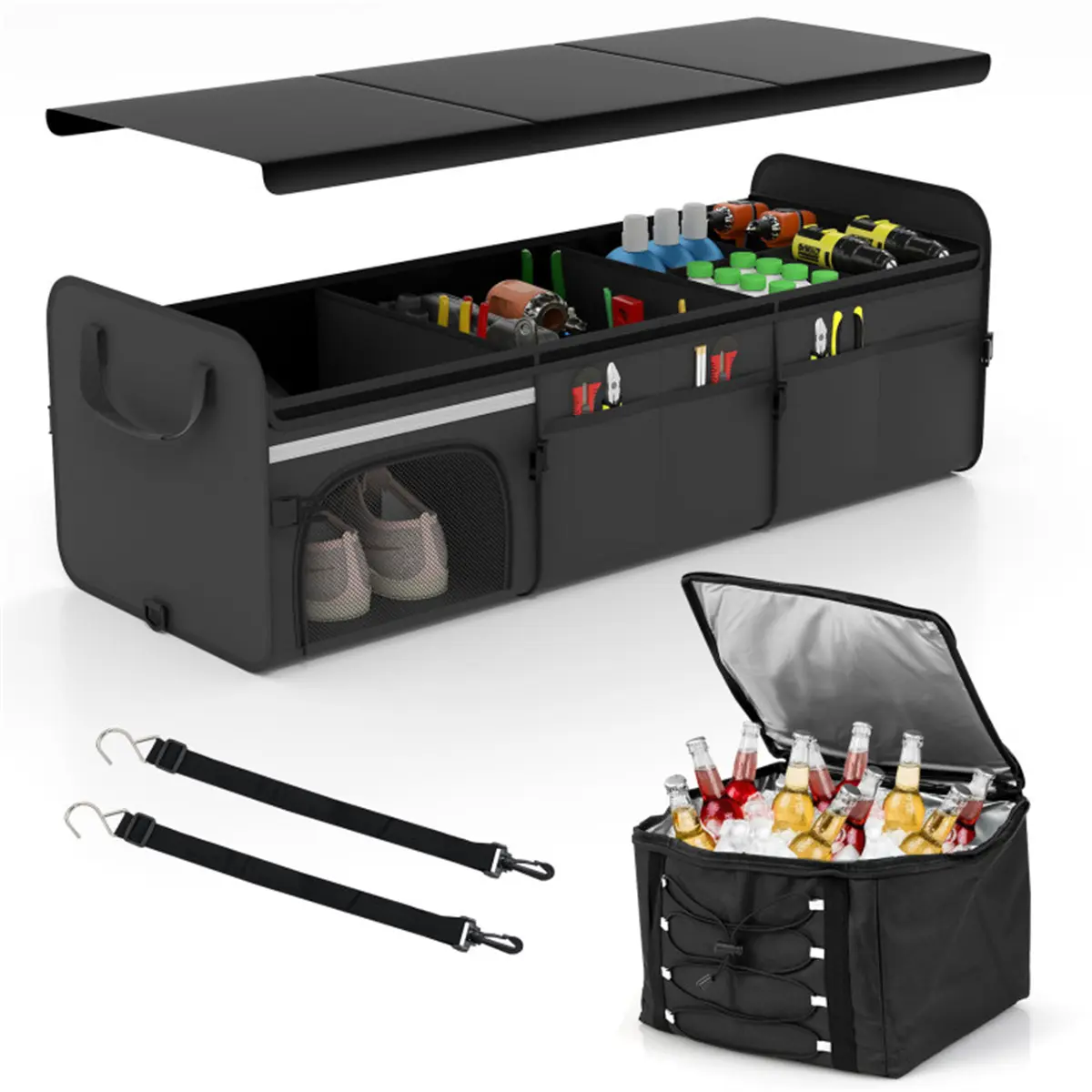 Car Trunk Organizer with Insulated Leakproof Cooler Bag, Large Capacity Foldable Storage Box with Adjustable Dividers & Straps