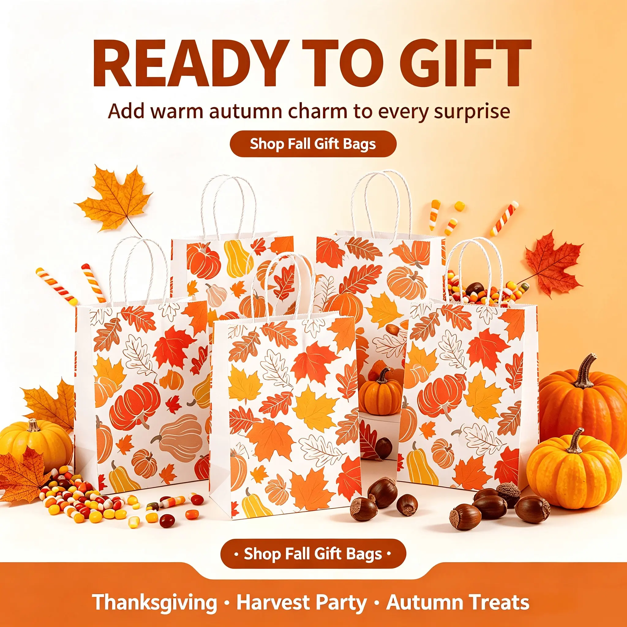 Thanksgiving Fall Kraft Gift Bags, Maple Leaf Pumpkin Pattern Candy Bags, Ideal for Harvest Party Candy Packaging, 12pcs/24pcs/36pcs