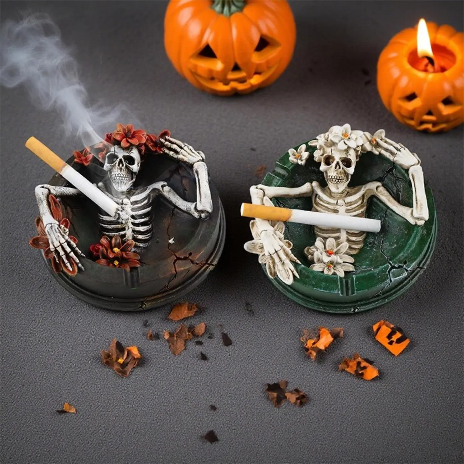 Skull Ashtray Flower‑Decorated Skeleton Ashtray Resin Figurine  Creative Tabletop Home Decoration Funny Ash Tray Gift for Men