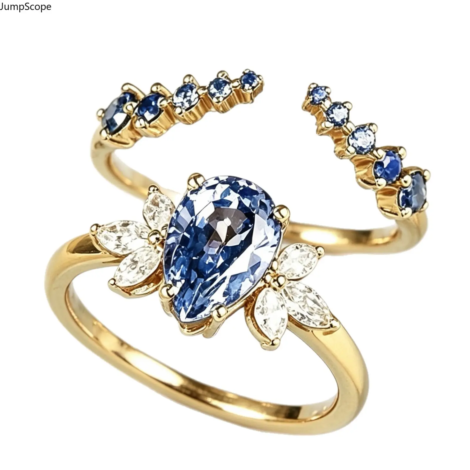 14K Gold Plated Pear Blue Sapphire CZ 2Pcs Fresh Bridal Ring Set For Women, Marquise Floral Solitaire Dual Row Blue Stone Open Wrap Stackable Minimal Ocean Tone Engagement Wedding Matching Band For Proposal Wedding Seaside Anniversary Formal Wear