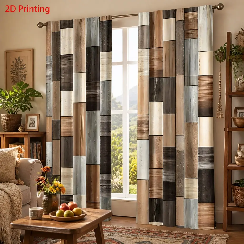 Vintage wood grain semi-opaque curtains, home decorative curtain, Home Decoration Curtain, Art Style Curtains, French window style, two-piece set for living room and bedroom, made of polyester fabric, suitable for all seasons, ready made curtains