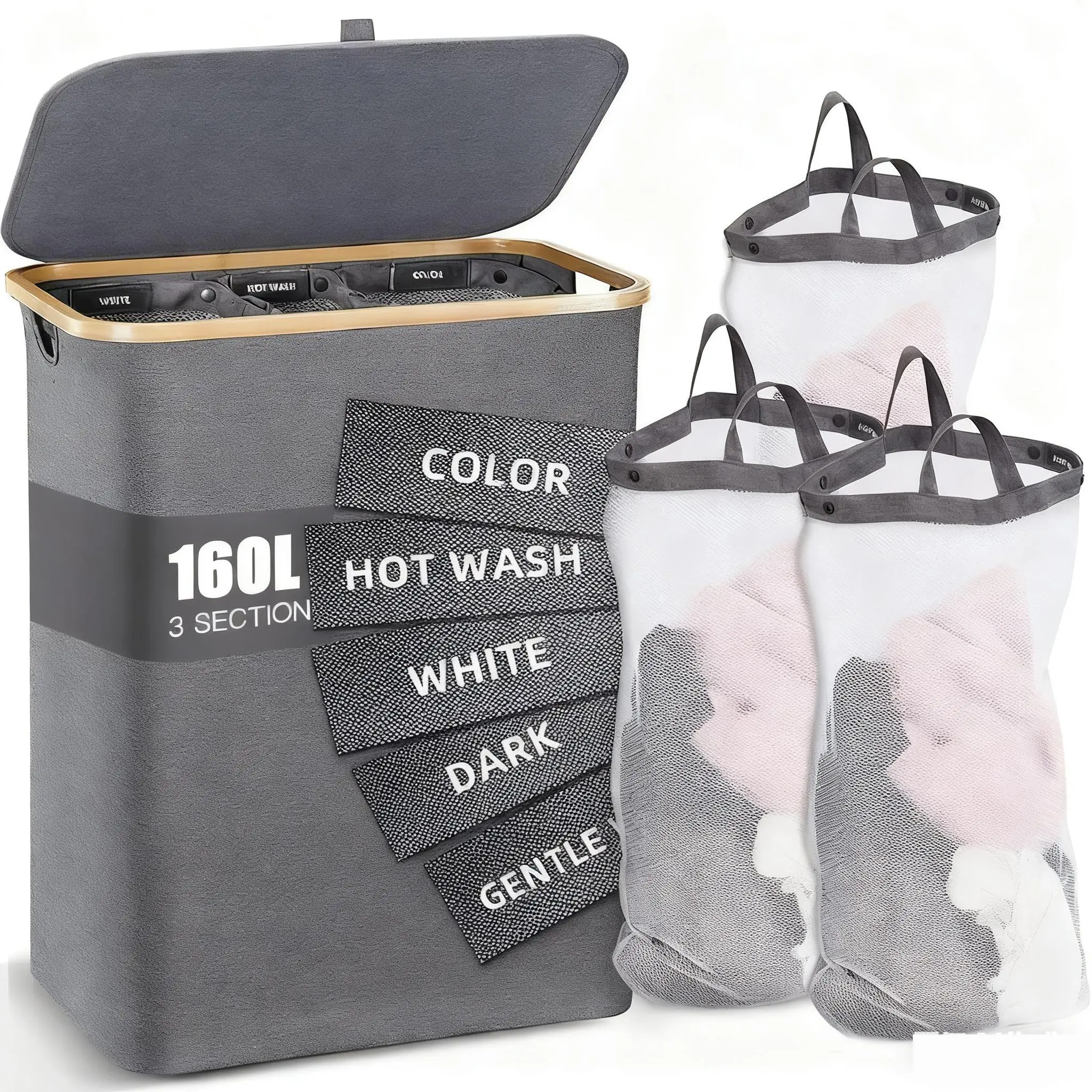 Premium Eco-Friendly Bamboo Laundry Hamper with 160L Large Capacity, 3 Removable Mesh Bags, Foldable Design, Laundry Storage & Odour Control for Home, Bathroom