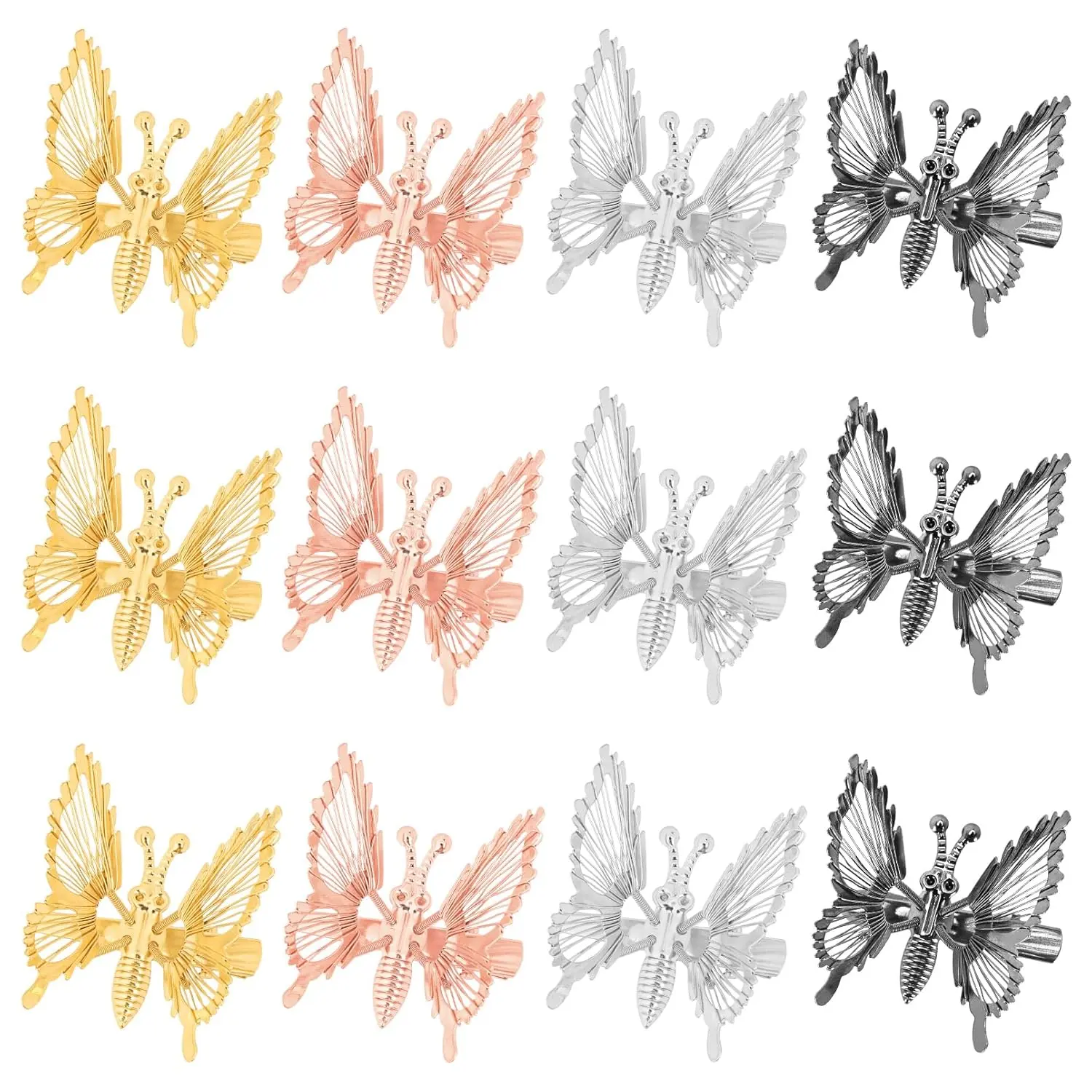 12 PCS Moving Butterfly Clips 3D Metal Gold Silver Black Moving Wings Butterfly Hair Accessories 90s Hair Clips Barrette for Women and Girls -4 Color