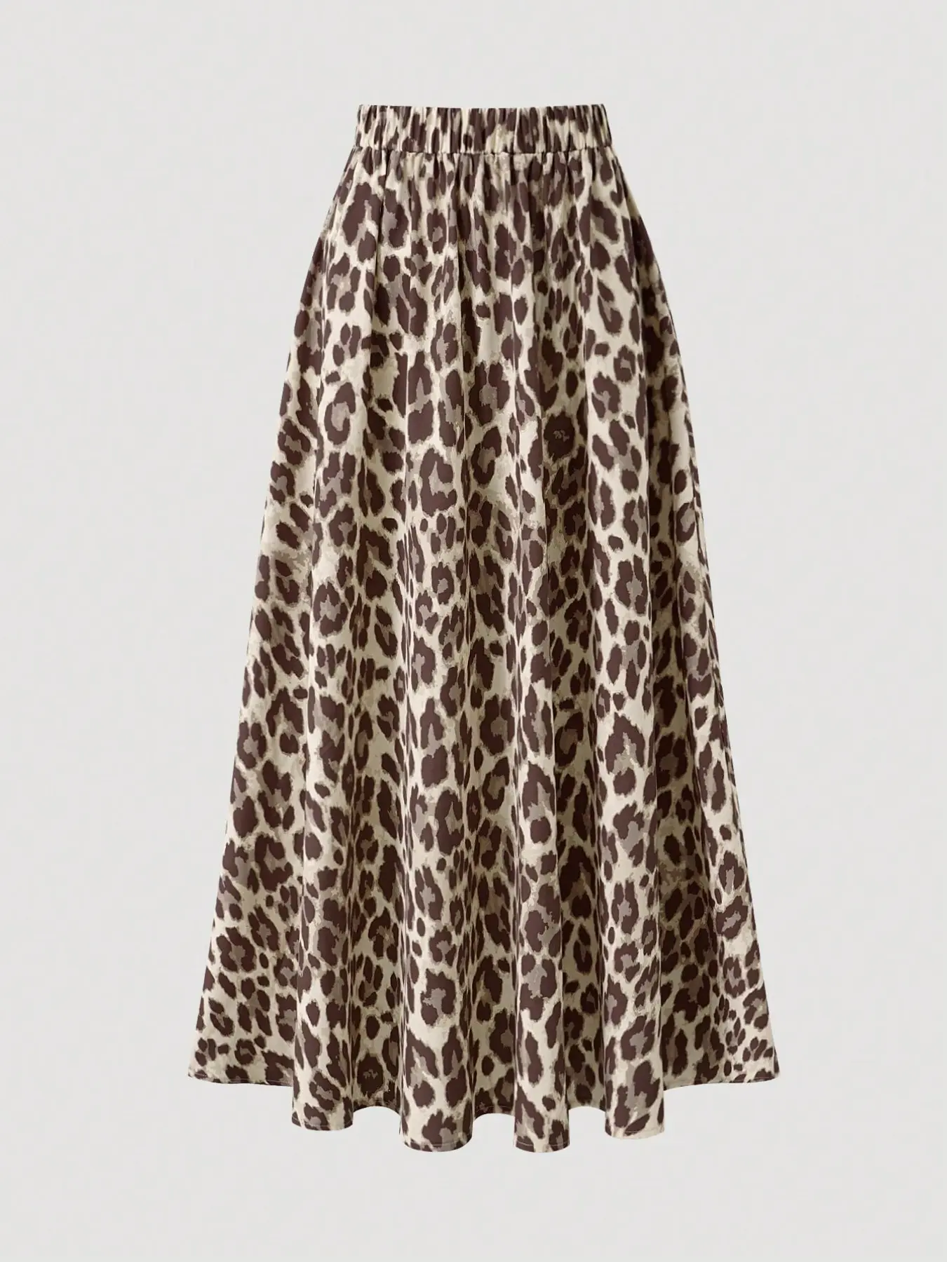 Women's Vintage Camel Leopard Print Midi Skirt, Elastic High Waist Pleated A-Line Dress, Spring Fall Melanin Style, Slimming Casual Half Skirt