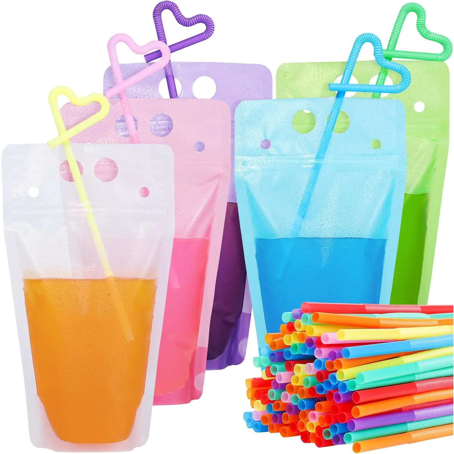 100 count Colorful Drink Pouches with Straws, Drink Pouches Juice Pouches with Straws, Pouches for Drinks for Adults Drink Juice Bags for Smoothies Juices Stand Up Liquid Pouches 16oz Colorful
