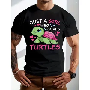 Just A Girl Who Loves Turtles Chibi Green Sea Turtle Graphic Black Short Sleeve Cotton T Shirt for Men Casual Crew Neck Breathable Summer Tee with Tattooed Male Model Studio Shot Perfect Gift for Family And Friends