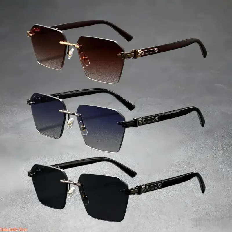 Men's 3-Pack Rimless Contemporary Sunglasses Set - Angular Square Frame, Gradient Tints, Anti-UV Coating UV400 Lens, Unisex Fit Outdoor Wear Nylon Fashion Eyewear Stylish Accessories
