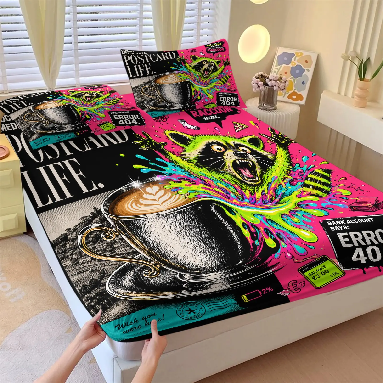 Vibrant Pop Art Raccoon Coffee Meme Fitted Sheet Set, 1 Fitted Sheet & 2 Pillowcase No Filling, Soft Microfiber Bedding Set, Trendy Graffiti Bed Sheets Set, For Youth Dorm Bedroom Decor