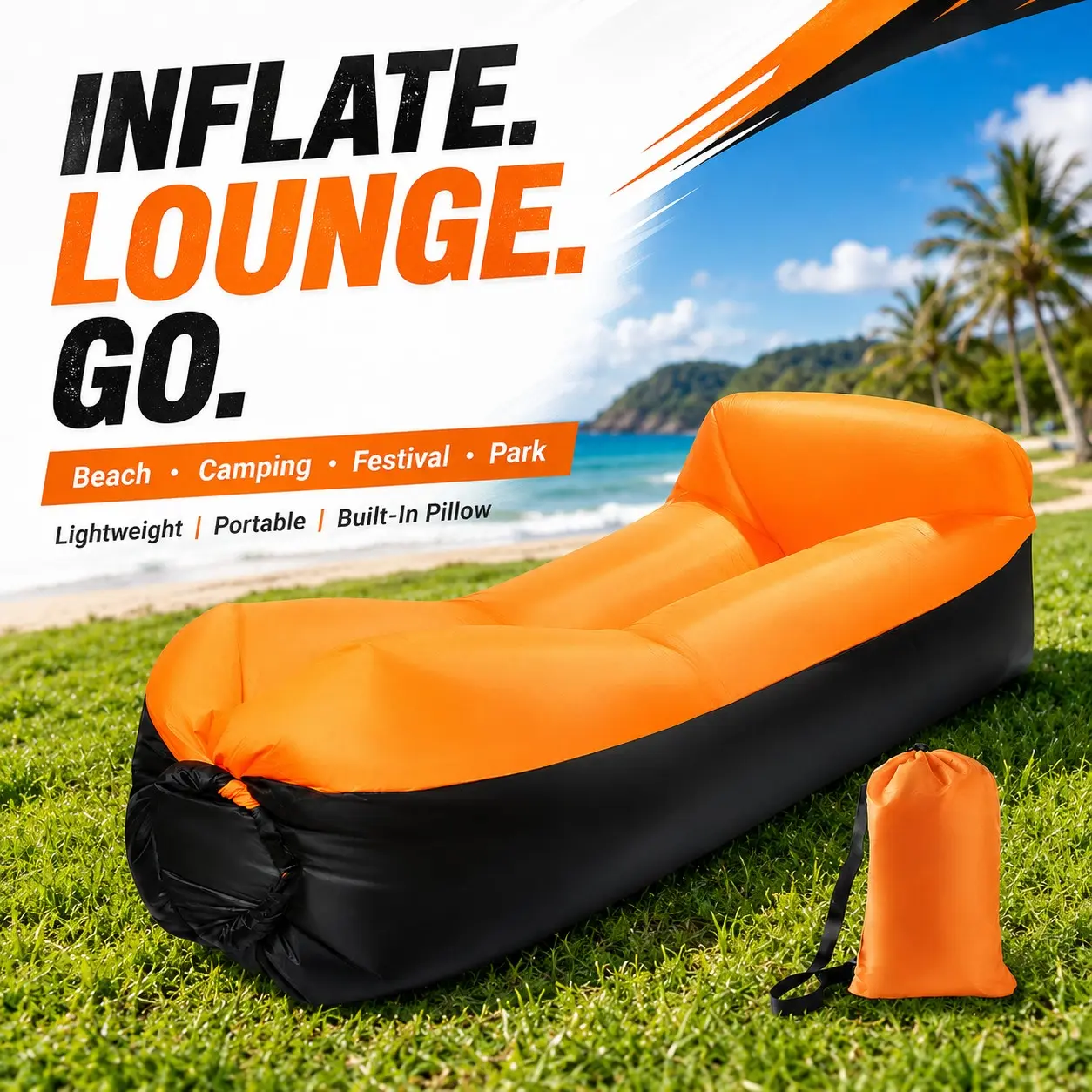 No Pump Inflatable Lounger Air Sofa with Pillow, Portable Camping Couch with Carry Bag, Ideal for Beach, Camping, Park & Festivals, Blow Up Couch