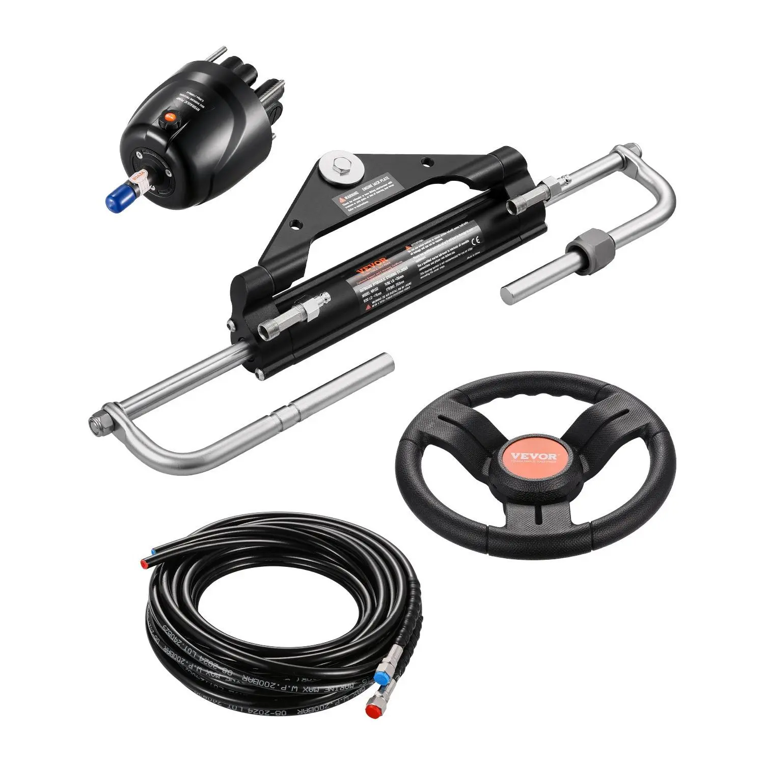 VEVOR 150HP Hydraulic Outboard Steering Kit, Marine Boat Hydraulic Steering System with 13.5-inch Steering Wheel, Helm Pump, Hydraulic Cylinder 2PCS 26FT Hoses for Single Station Single-Engine Boats