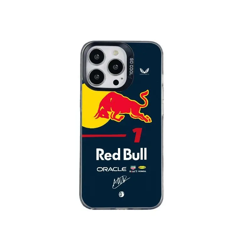 Red Bull Racing-themed iridescent silver phone case; durable protective cover compatible with iPhone 12, 13, 14, 15, 16, 17 and Samsung S22, S23, S24, S25, S26; ideal for holiday gifting.