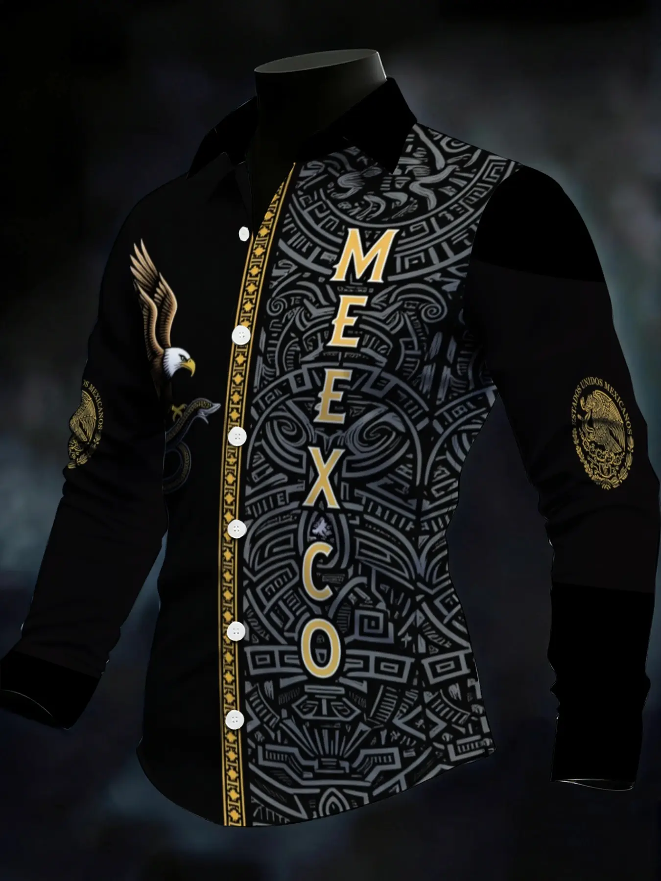 Men's Long Sleeve Shirt with Mexican Cultural Totem Print Eagle and Snake Pattern, All Over Printed, Black Base with Gold Letter Decoration Casual Top, Casual Style Graphic, Football Game Day Outfit For Mexican Fans, Ethnic Retro Printed For Party