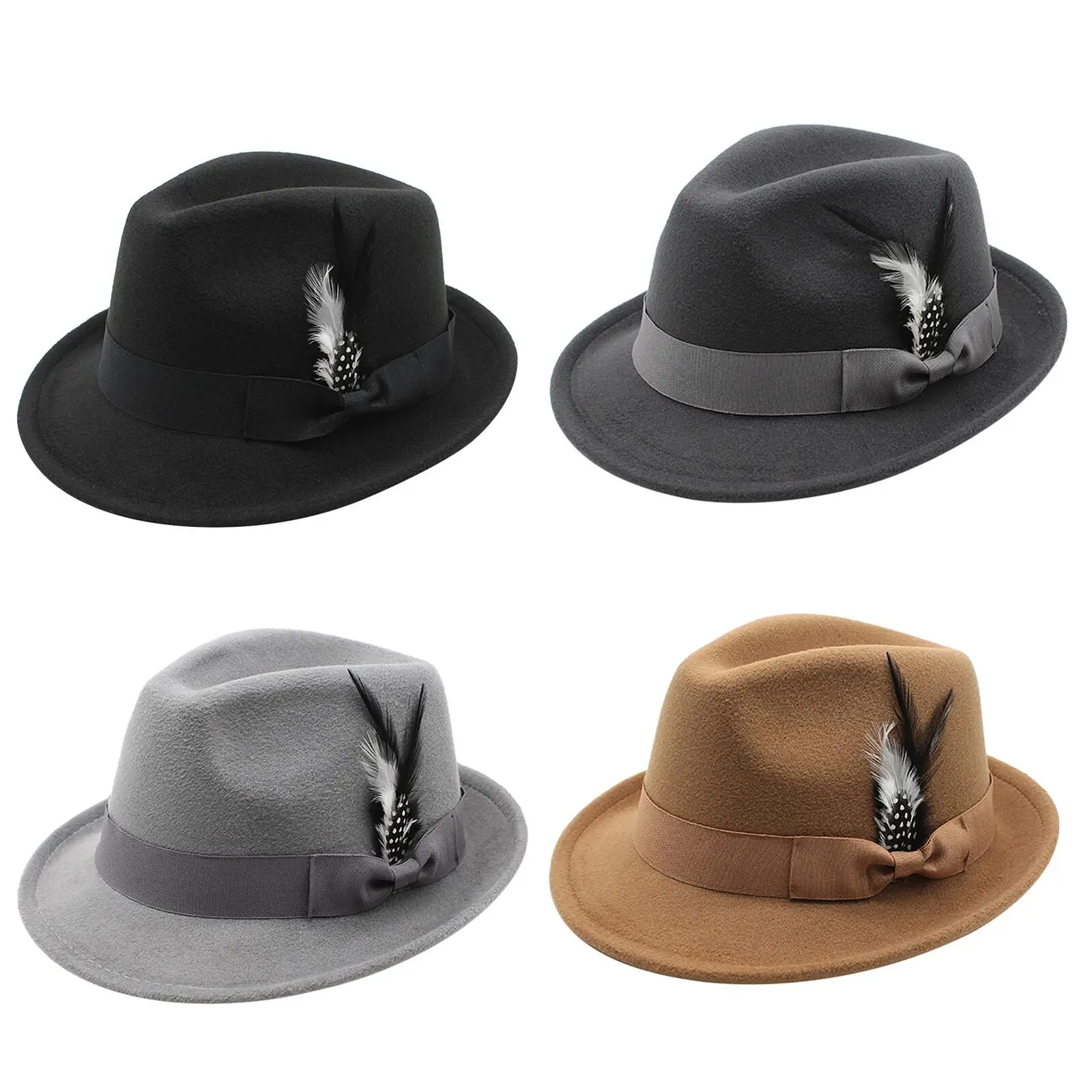 Classic Fedora Hats for Men Women Short Brim Felt Feather Hat Panama Dress Hat Adjustable