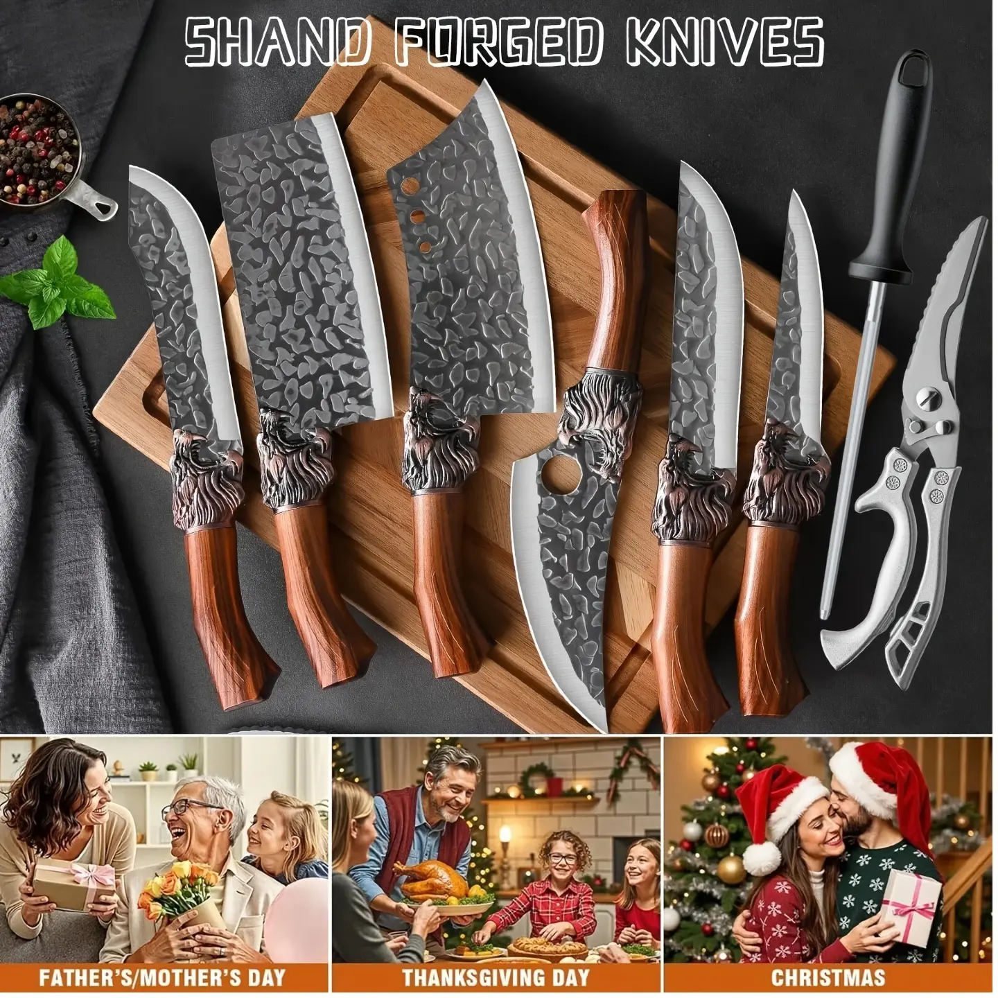 8-Piece Cooking Knives Set, Brown Wooden Handle Hand-Forged Damascus-Style Stainless Steel Knives with V-Shaped Sharp Edge, Ideal for Meat & Vegetables, Suitable for Home Cooks, Set Of 8, Kitchenware Knives Set