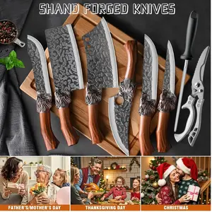 Eight-piece chef's knife set, brown wooden handle, hand-forged Damascus-style knife body, V-shaped sharp edge, suitable for meat, fish, vegetables, fruit - suitable for home cooks and professional chefs kitchen knives