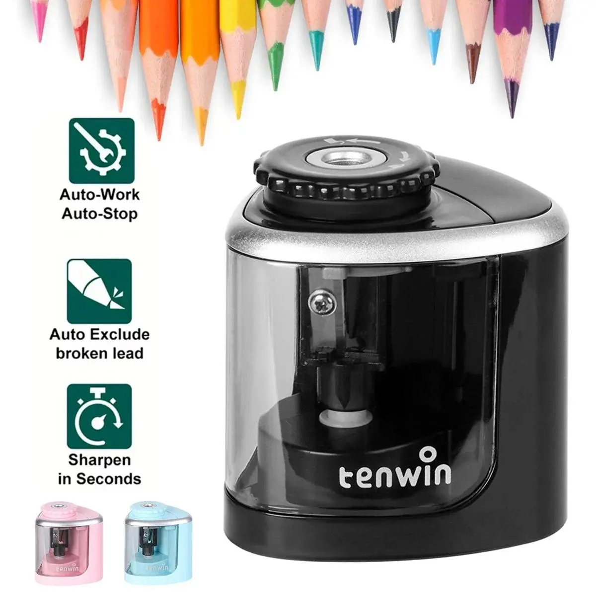 1PC Tenwin Electric Auto Pencil Sharpener Safe Student Helical Steel Blade Sharpener for Artists Kids Adults Colored Pencils Office School Supplies Office Stationery Supplies