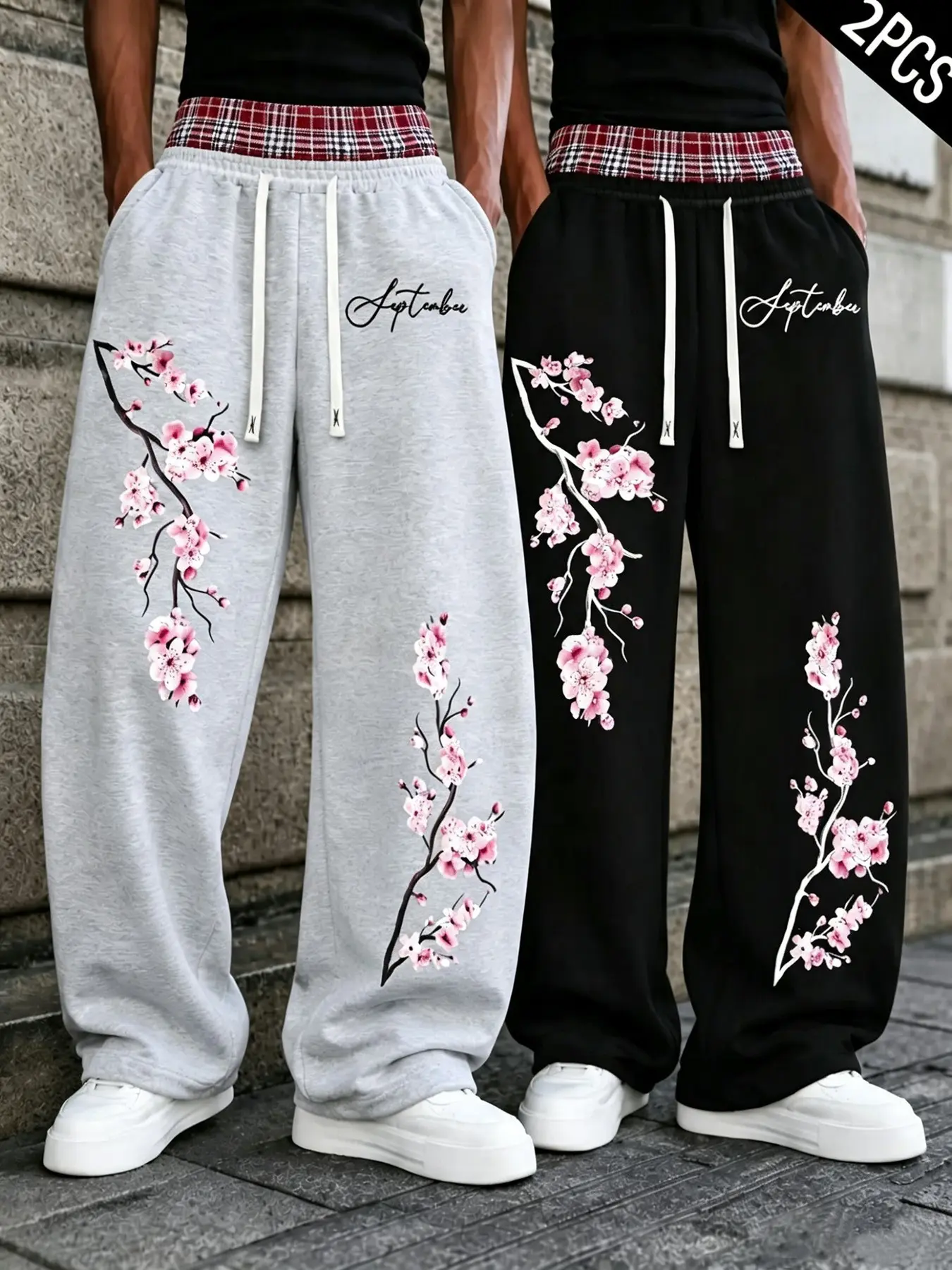 2PCS Unisex Plum Blossom Floral Print Wide Leg Sweatpants Plaid Spliced Waist Drawstring Loose Baggy Streetwear Joggers Soft Elastic Breathable Casual Trousers Couple Matching Outfit For Campus Daily Commute Home Loungewear Skateboarding Outdoor Walking