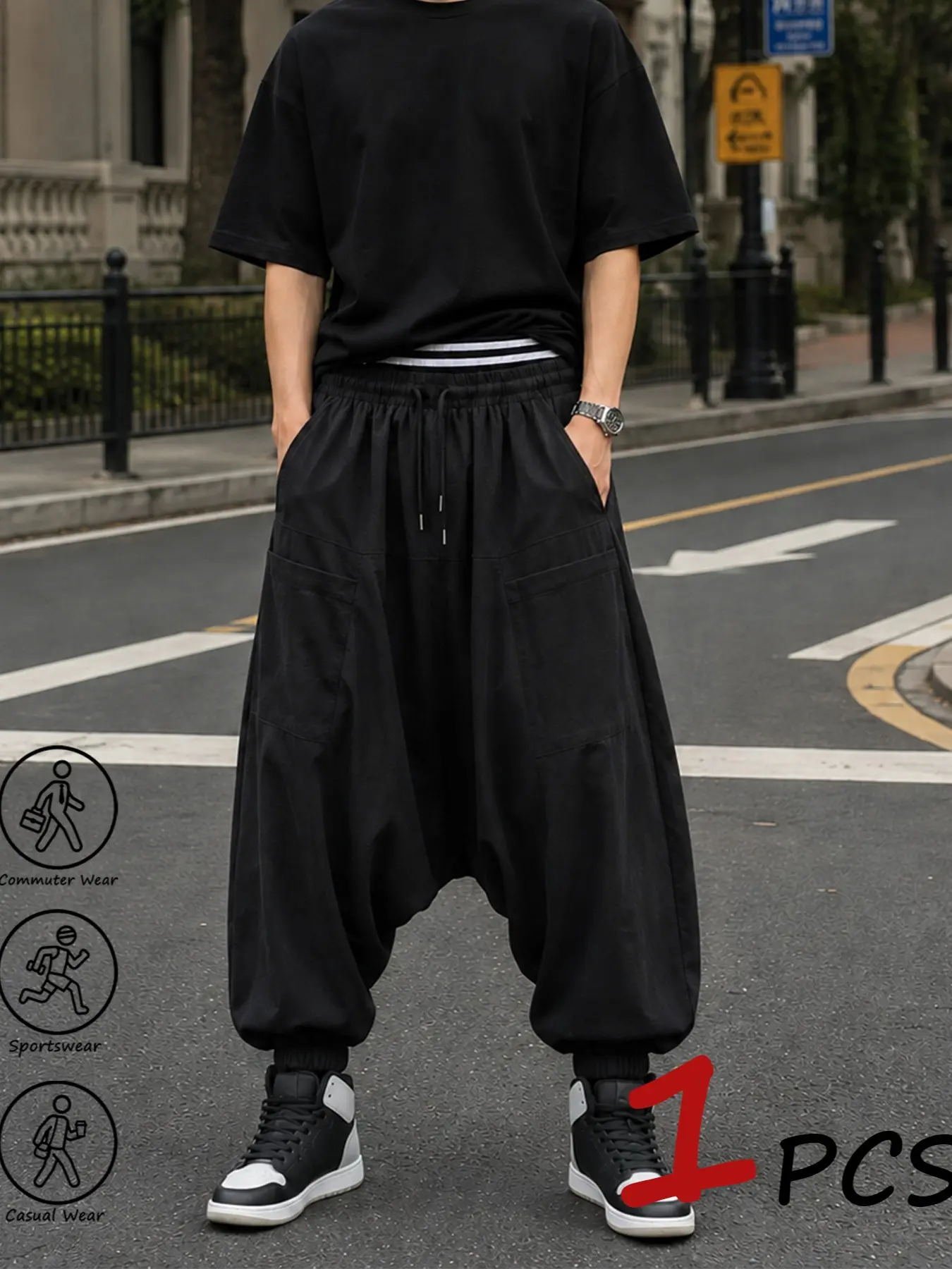 Men’s Streetwear Drop Crotch Harem Joggers, Striped Inner Waist, Drawstring, Lightweight Breathable Fabric, Comfortable Fit, Ideal for Sports