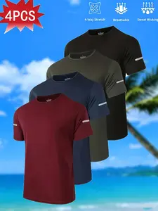 4-Pack Men's Sporty T-Shirts, Reflective Stripes, Breathable Quick-Dry, Round Neck, Ideal for Gym and Night Running, Perfect Gift