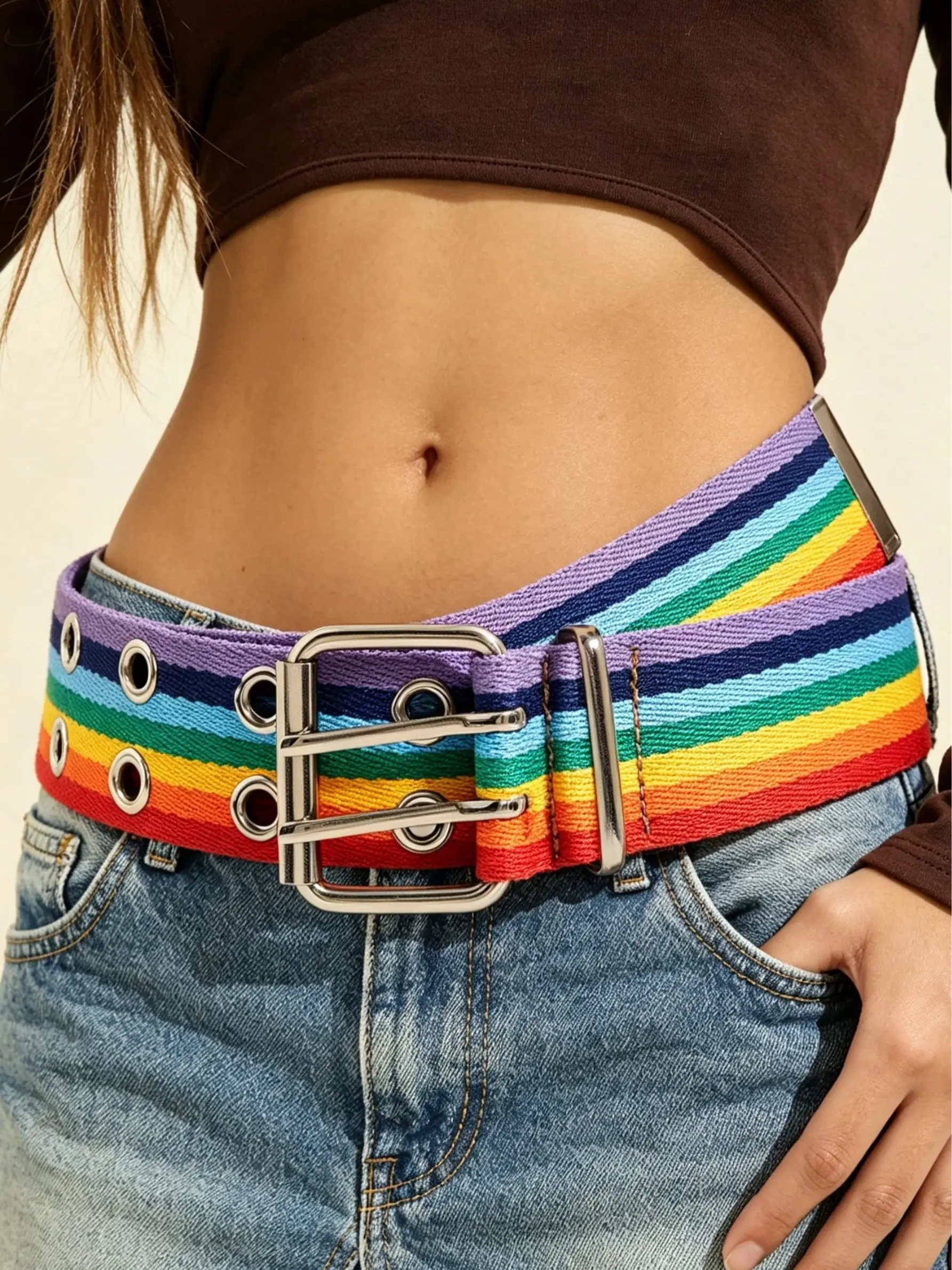Millennial Rainbow Women's Belt, Silver Color Buckle, Rainbow Strap, Metal Eyelets, Y2K Style, Festival Accessories, Studded Waist Belt