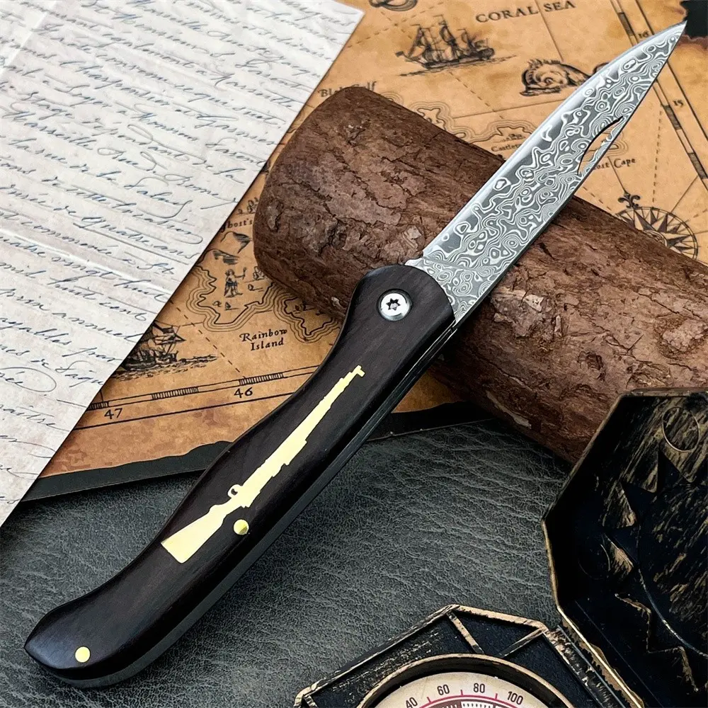 Lightweight Mini Pocket Folding Knife, Damascus Steel Blade, Ebony Wood Handle, Ideal for Outdoor Camping, Fishing, Gift, Folding Pocket Knives
