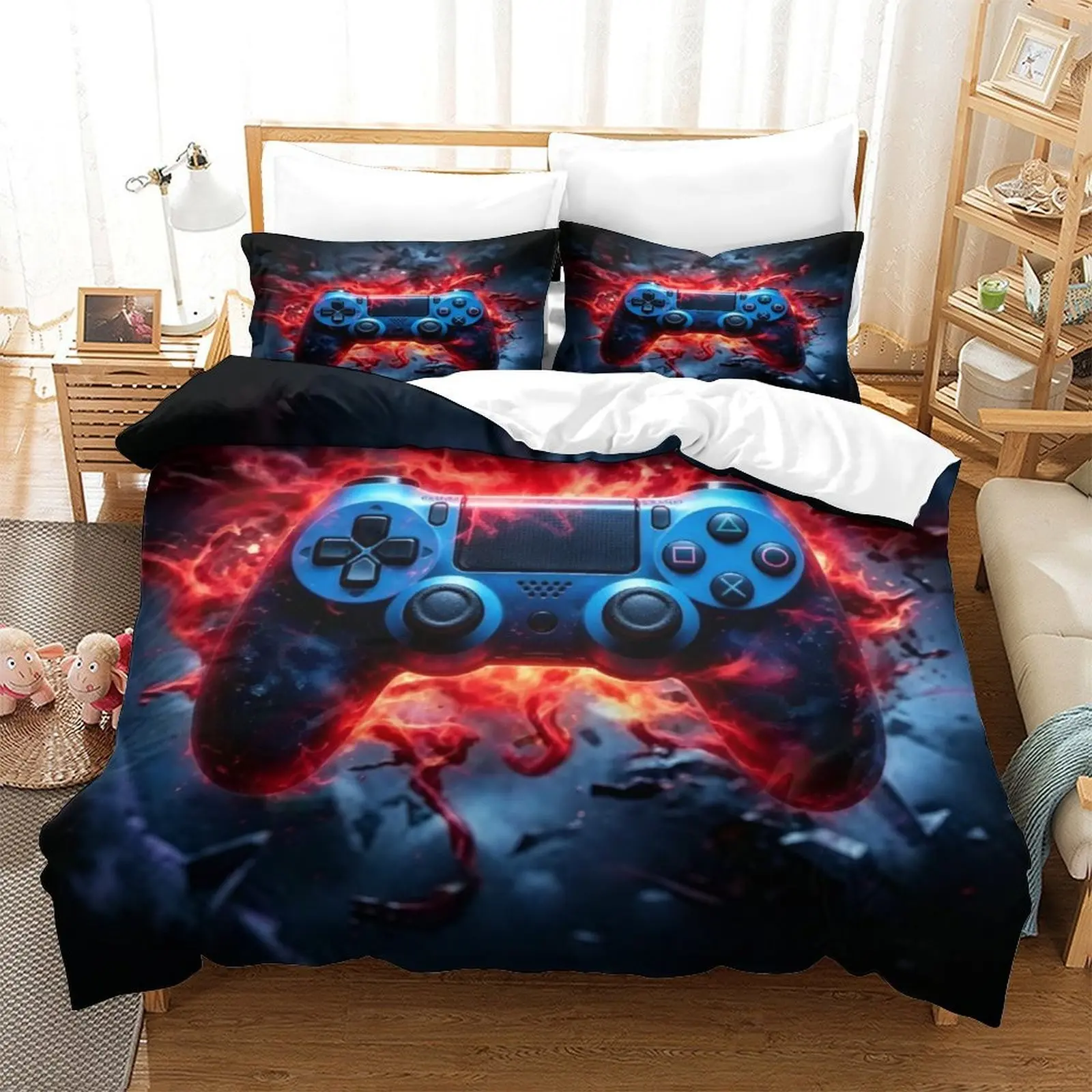 🔥Gamer Game Controller 3D Printed Bedding Set, Gaming Duvet Cover Set for Teen Boys Men, Cool Red Flame Gamepad Bedroom Decor 3 Piece Bedding