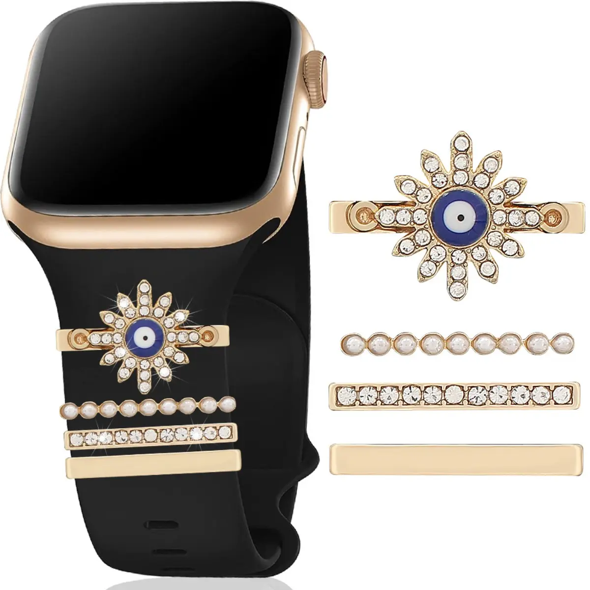 Evil Eye & Rhinestone Pearl Watch Band Charms, 4Pcs Decorative Studs for Apple Watch Strap, 22mm Metal Ornament Accessories, Bling Sunflower Crystal Decoration for Smartwatch Bands, Jewelry for Women tiktokshopbacktoschool