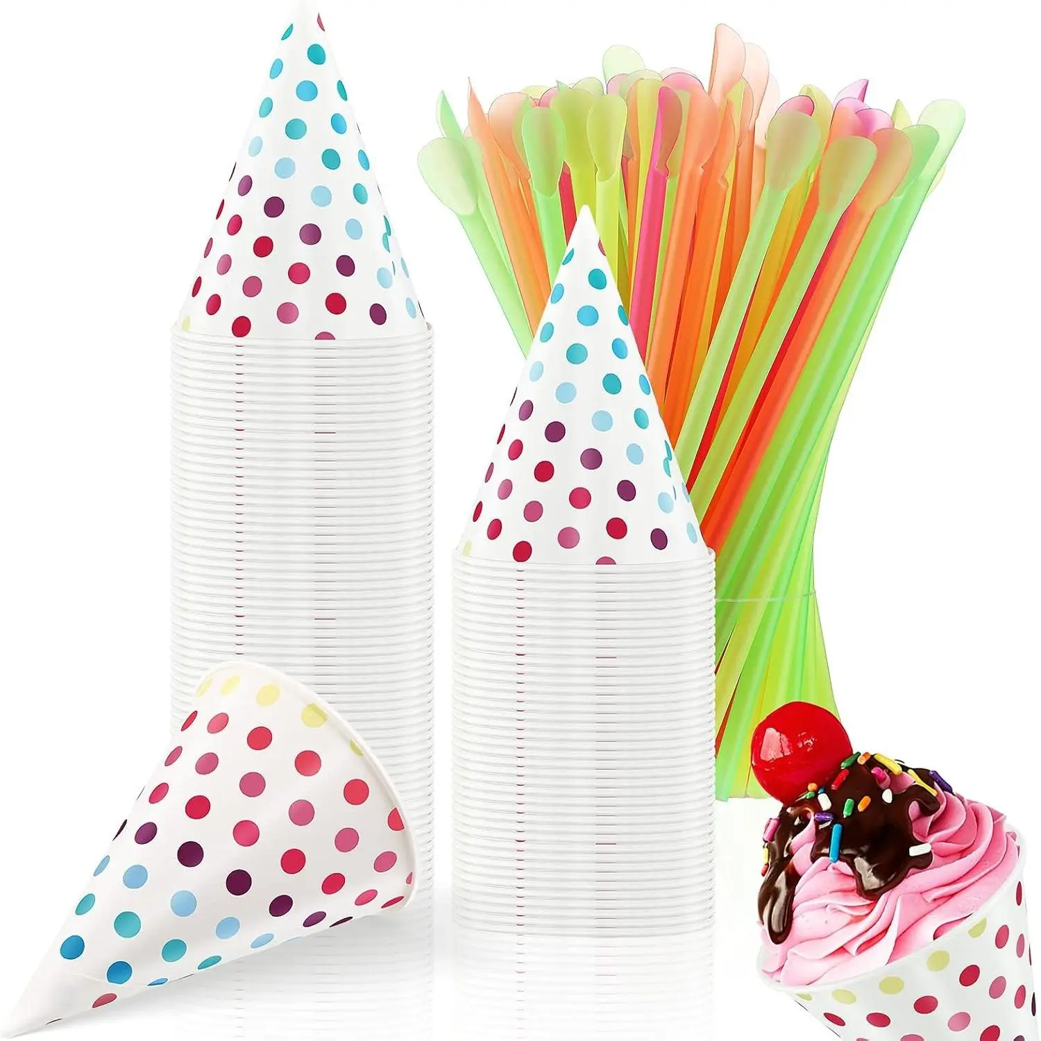 100 Set 3.7oz Disposable Snow Cone Cups & Spoon Straws, Colored Polka Dot Leakproof Paper Cups for Slush Shaved Ice Cream Sorbet Water
